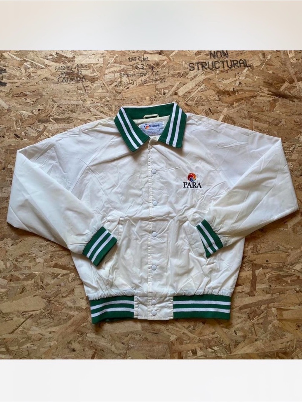 White Vintage 90s Trimark Bomber Jacket with Green Trim